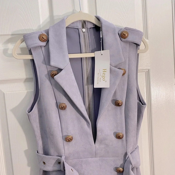 Hego Sleeveless Blazer Dress Gray XL Gold Buttons Belted High Slit Sexy NWT - Picture 7 of 11